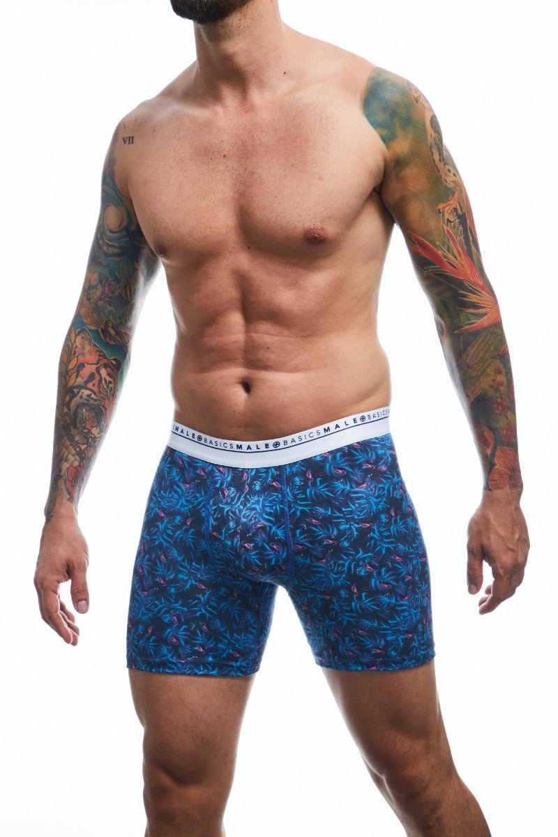 Blue patterned malebasics male boxer briefs with white elastic waistband featuring flamingo design