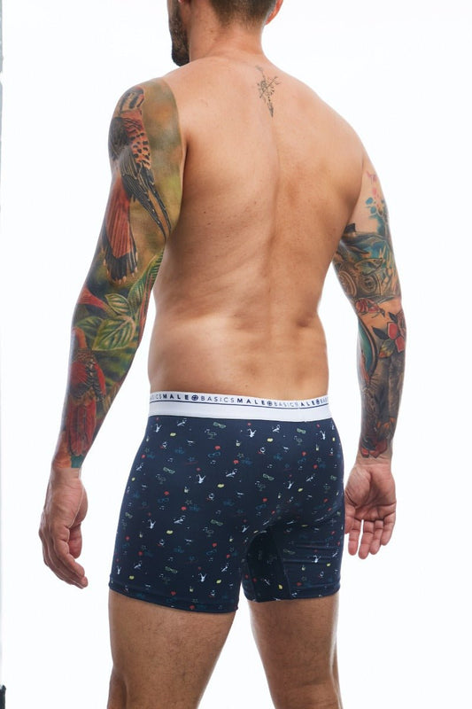 Navy blue malebasics boxerbrief party briefs with white and colorful bird pattern and white basics male waistband