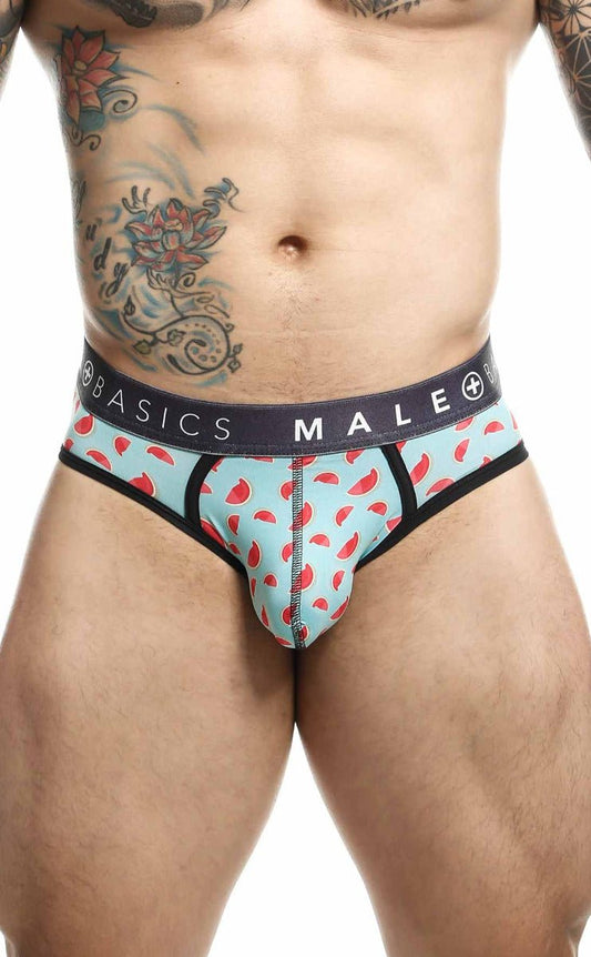Light blue watermelon-patterned malebasics brief with black trim and dark waistband featuring brand name pouch design