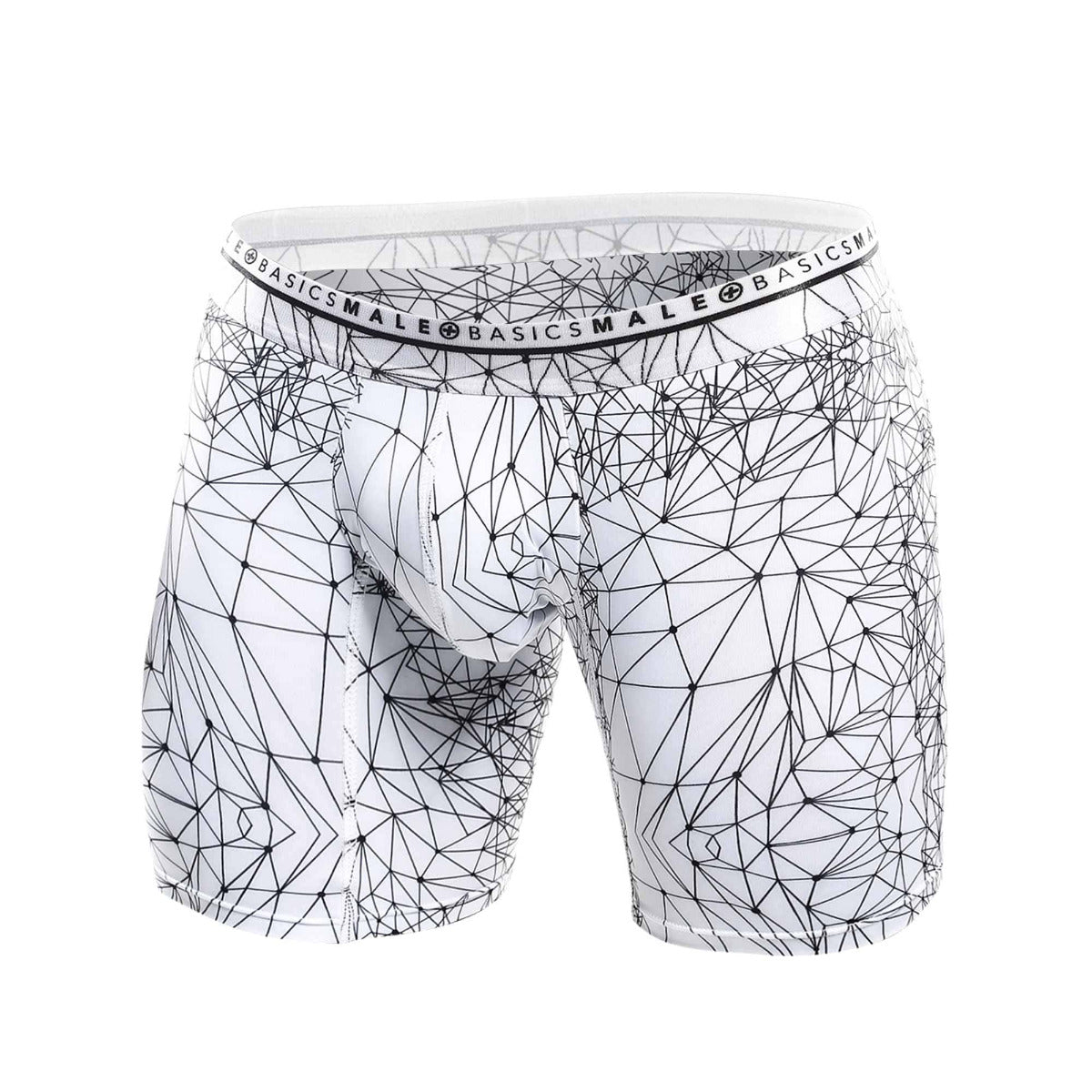 White malebasics new hipster boxer brief spider with black geometric line pattern and branded elastic waistband
