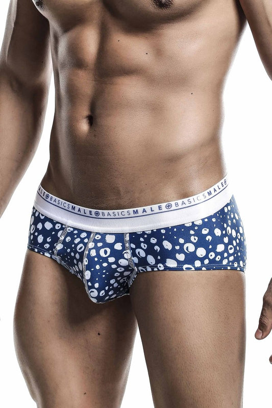 Malebasics new hipster brief paros in blue and white patterned cotton with repeating circular design for men