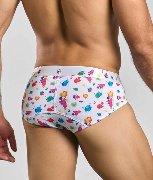 Malebasics new hipster brief white splash featuring white fabric with vibrant multicolored paint splatter pattern