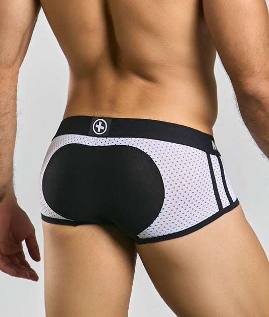 Malebasics spot new sexier trunk pink black and white mesh briefs with solid black back and subtle dot pattern