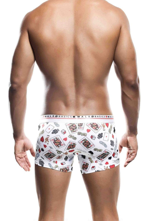 White men’s boxer briefs malebasics trunk hipster poker with red black and gray playing cards dice and hearts pattern