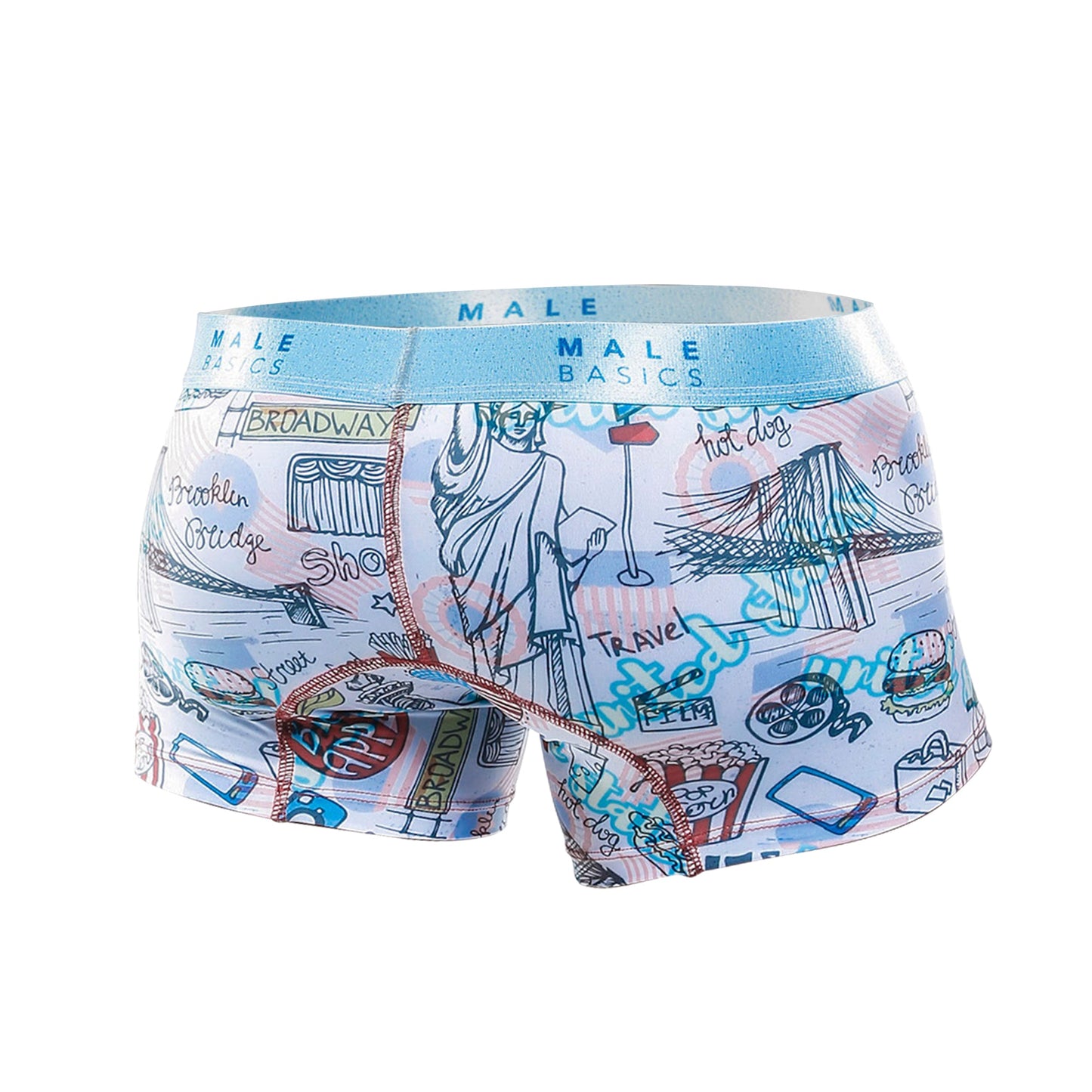 Malebasics trunk hipster poker light blue and white boxer briefs with travel themed doodles and landmarks print