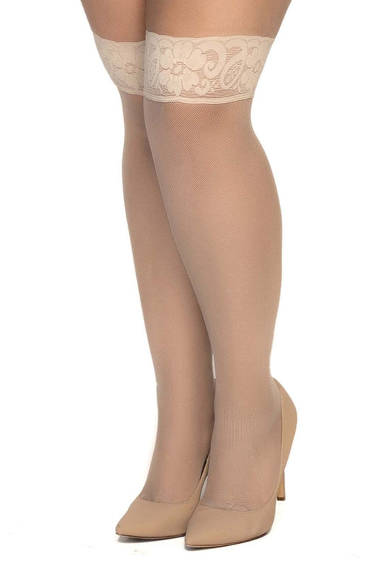 Beige lace-cuffed thigh-high stockings with sheer mesh texture in nude by Mapale 1101 for elegant wear