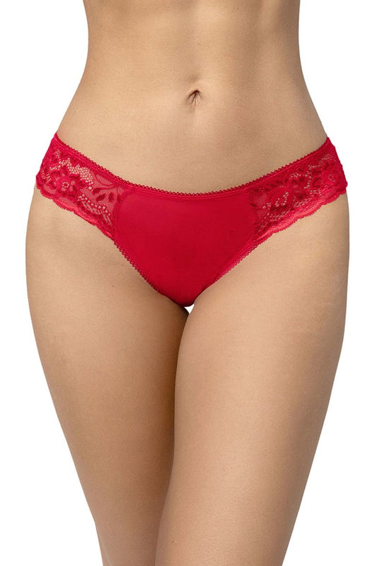 Red lace-trimmed thong in satin-like fabric with delicate floral embroidery from mapale 131 collection