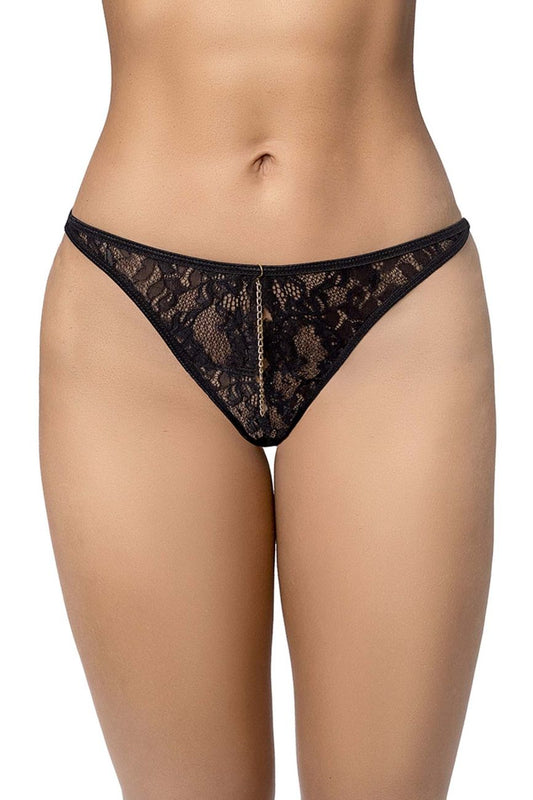 Black lace thong with delicate floral patterns and a central gold chain detail by mapale in color black