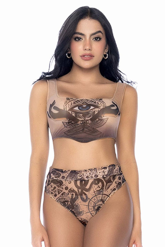 Tan Mapale 2799 two piece set with eye and wing design top and high waisted black patterned bottoms bohemian mystique style