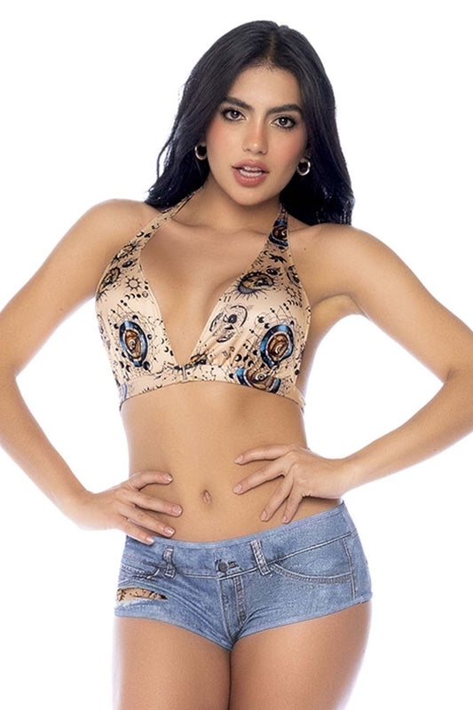 Beige halter top from mapale 2802 two piece set with intricate paisley and circular patterns in black blue and gold tones