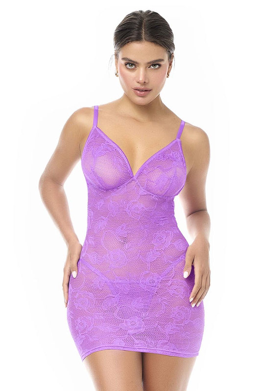 Lavender lace bodycon babydoll dress with thin spaghetti straps and v-neckline by Mapale color wild orchid