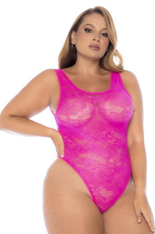 Fuchsia lace bodysuit by mapale with scoop neckline and high-cut legs in bright pink color