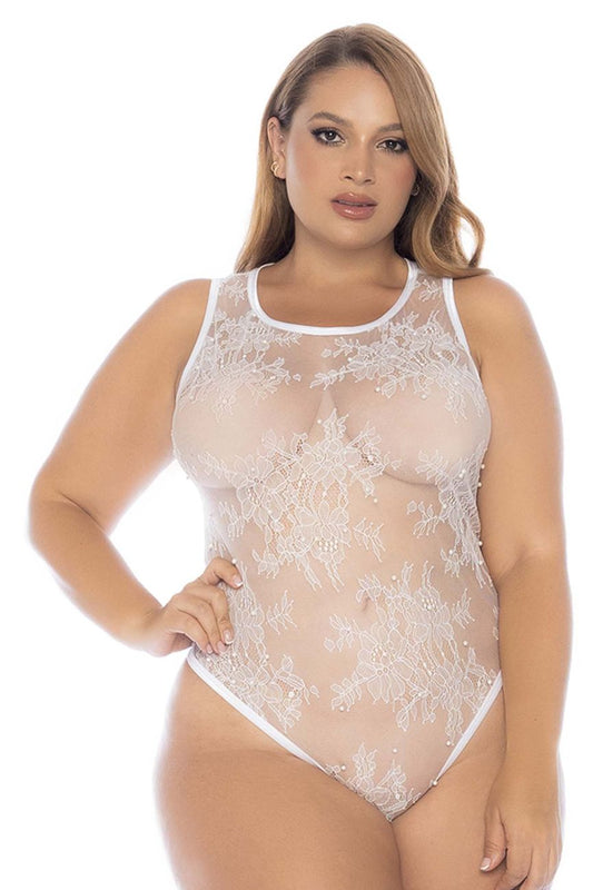 White lace bodysuit teddy with delicate floral embroidery and sheer mesh fabric by mapale 8932x in white color