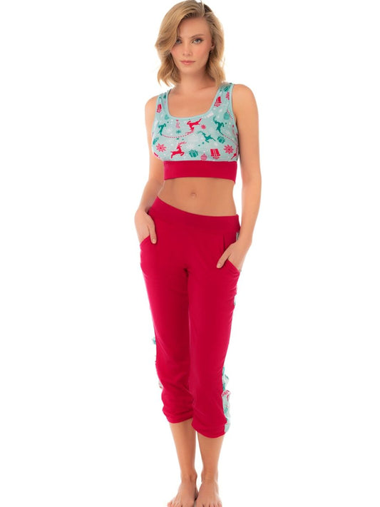 7409 Zweiteiliges Pyjama-Set Farbe Rot-Minze Prints