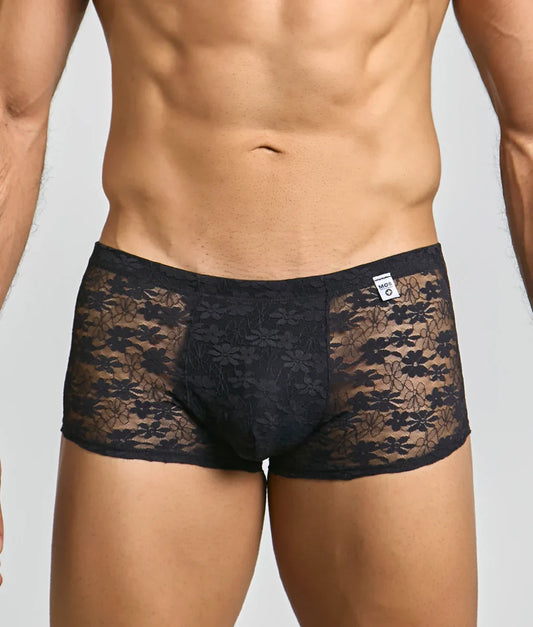 Men’s mesh lace pouch trunk in black featuring floral lace briefs with a solid fabric front panel