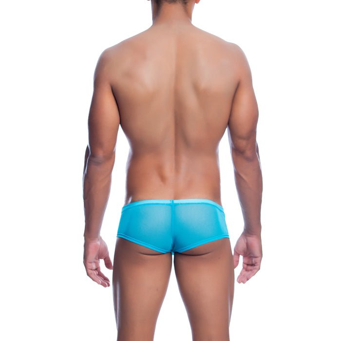 Men’s sheer hip brief in bright turquoise made of sheer fabric for a bold and breathable fit