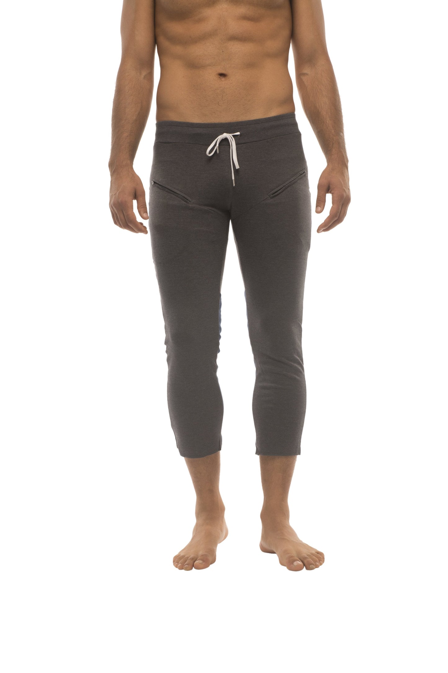 Mens charcoal capri yoga pants with white drawstring waistband and side pockets for active wear
