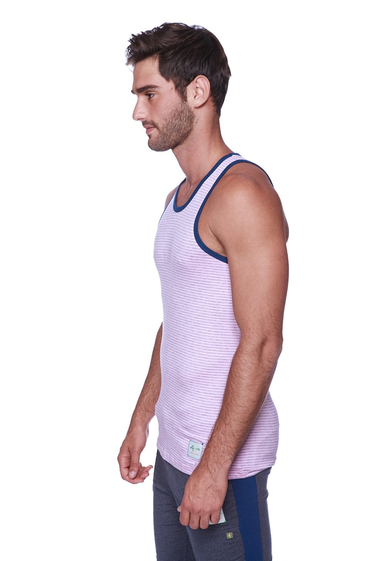 Mens cuffed charcoal yoga pants with royal blue accents paired with a light purple and white striped tank top with navy trim