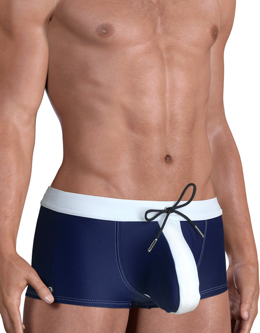 Navy blue and white moby big boy pouch swim square cut trunks with drawstring waistband for swimming