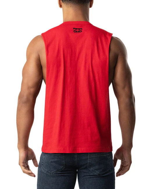 Red sleeveless muscle tank top nasty shredder tank top with small black logo at the neckline