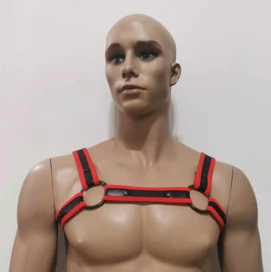 Red and black leather neoprene bulldog harness with metal rings designed for secure and comfortable use