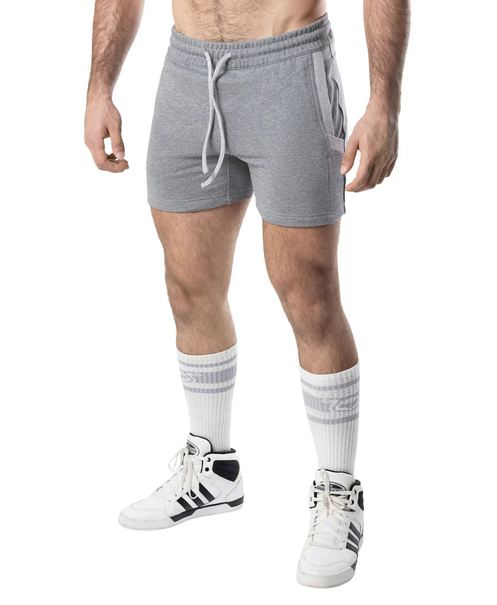 Nexus rugby short gray heathered sweatshorts with white drawstring and side pockets for casual wear