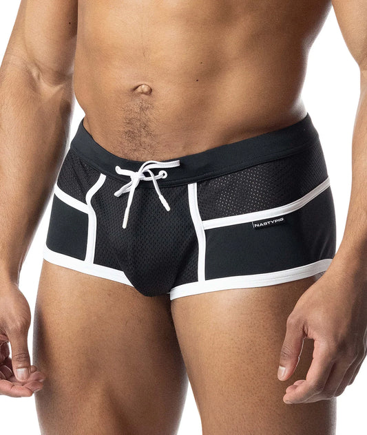 Black and white square-cut swimwear with mesh side panels and white drawstrings, featuring piped white trim.