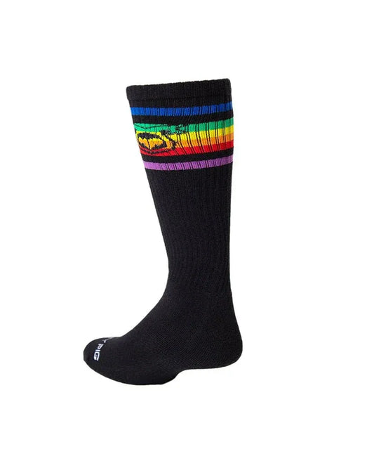 Black knee-high sock featuring horizontal rainbow stripes near the top with a central logo graphic.