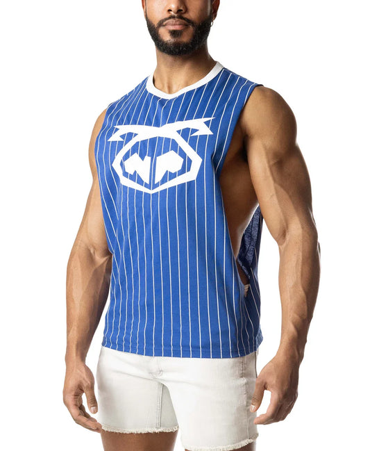 Quartz blue and white pinstripe sleeveless tank top with low-cut armholes and a large white pig logo on the chest.