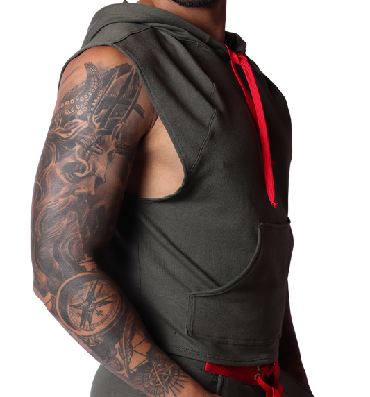 Side view of Gigo Nafts green cotton sleeveless hoody t-shirt with red drawstrings and kangaroo pocket.