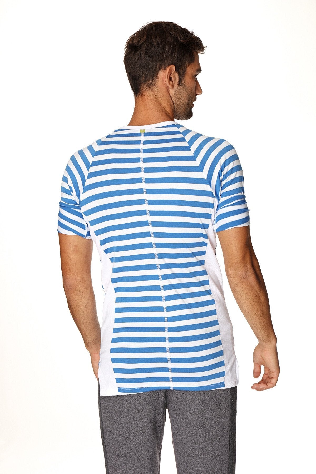 Back view of nautical raglan resort henley tee blue and white stripe athletic shirt with central zipper down the back