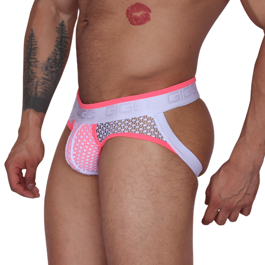 Side view of Gigo fuchsia net jock thong with white logo waistband and breathable mesh fabric.