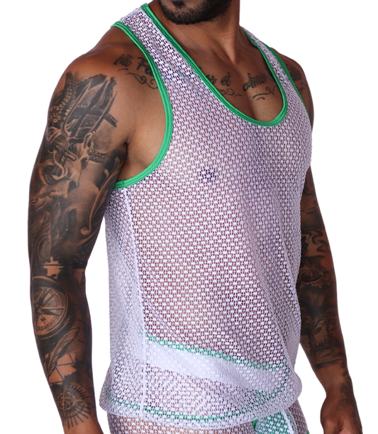 Side view of Gigo men's white fishnet mesh tank top with green trim detailing.