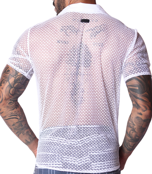 Back view of Gigo men's white net shirt featuring a semi-sheer geometric mesh fabric and a classic collar.