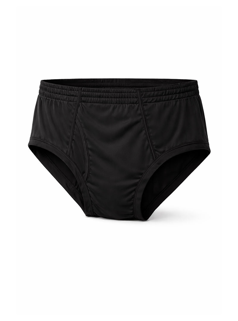 Black men’s nylon plus active briefs with elastic waistband and smooth form-fitting fabric showing front side