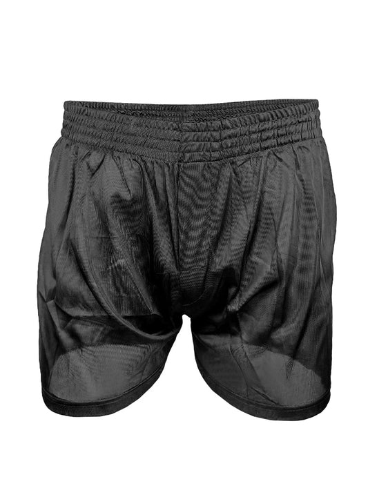 Black nylon tricot boxer shorts with a textured shiny fabric and elastic waistband for athletic use