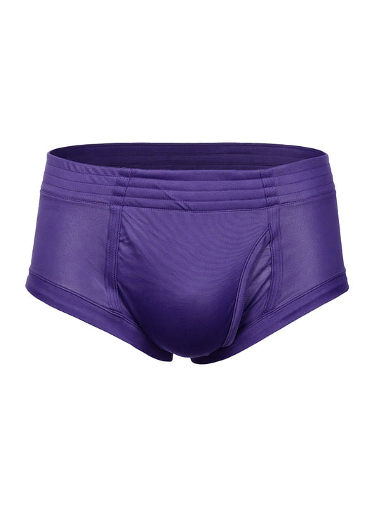 Purple nylon tricot brief swim trunks with smooth shiny fabric and elastic waistband featuring left side fly