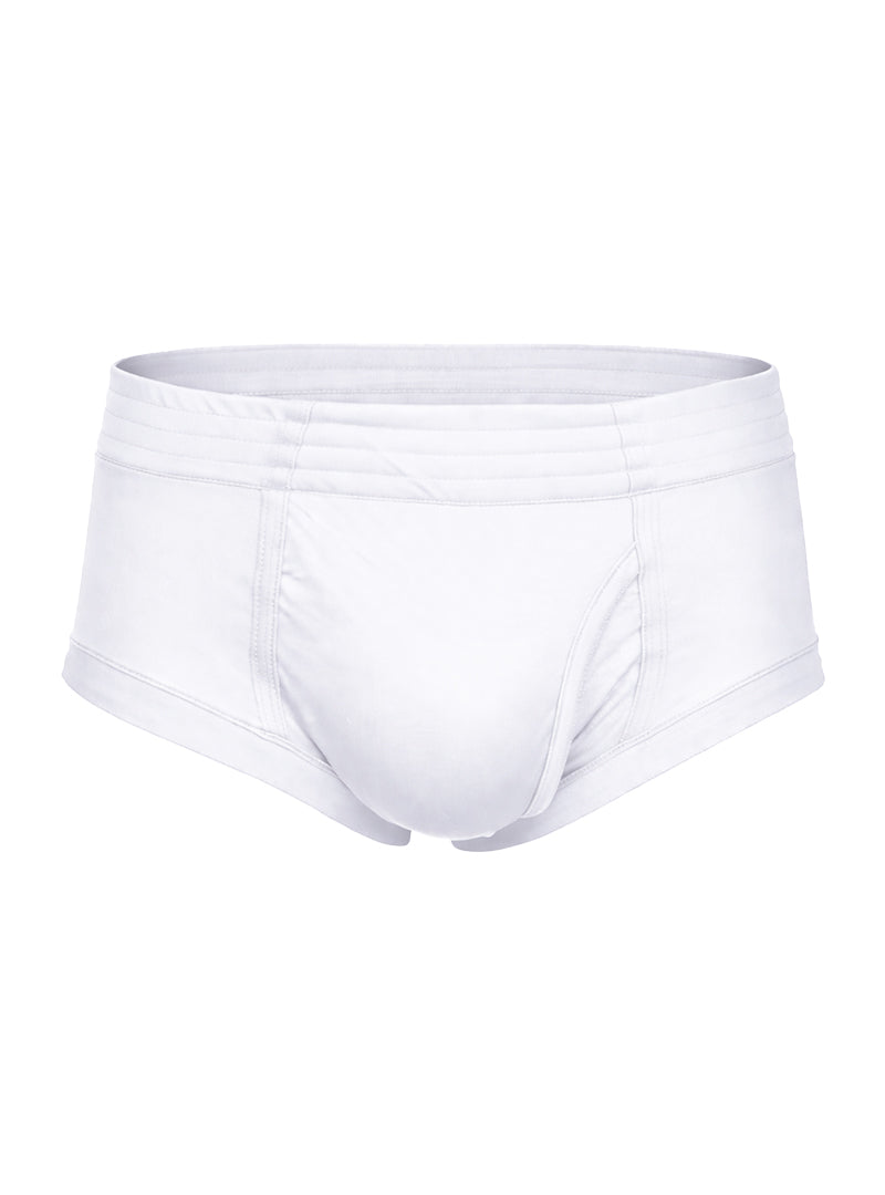 White men’s nylon tricot briefs with seamless design and elastic waistband featuring left side fly closure