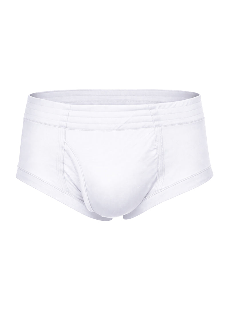White men’s nylon tricot briefs with smooth seamless design and elastic waistband shown from the front