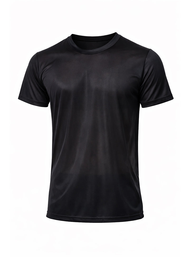 Black short-sleeved nylon tricot crew neck t-shirt with smooth performance fabric for athletic use