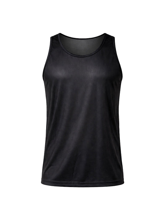 Black sleeveless nylon tricot tank top with smooth moisture-wicking fabric and mesh lining at the neckline