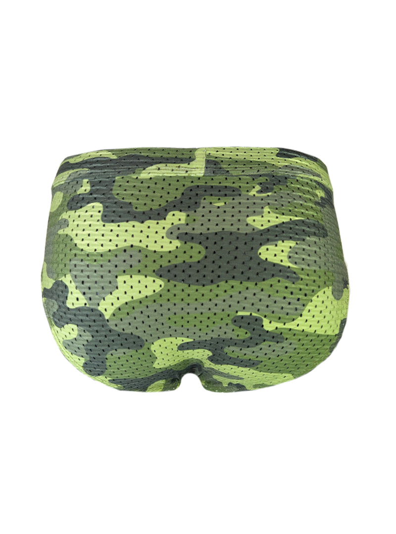 Nylux camo brief green and black camouflage patterned mesh briefs for breathable comfort and style