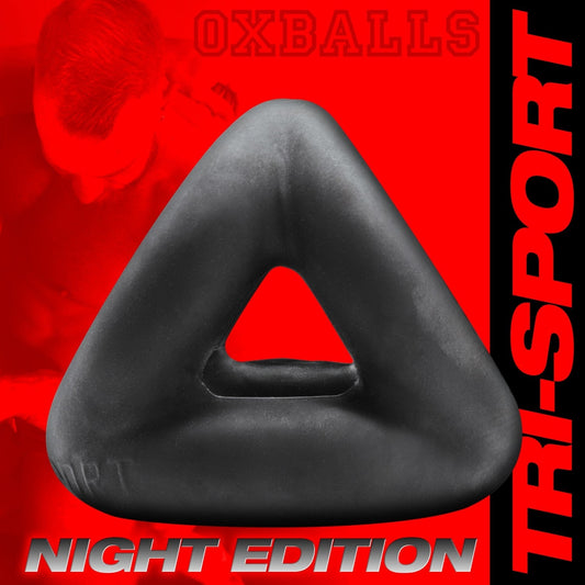 Black, triangular silicone novelty with a central cutout, shown against a red promotional background.