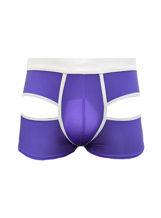 Purple men’s open back trunk briefs with white trim and cut-out design showing the back side