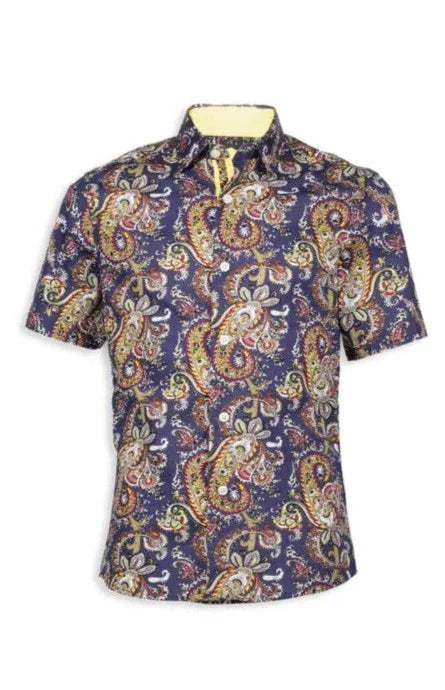 Paisley s s shirt navy blue short-sleeved button-up with vibrant gold red and cream paisley pattern