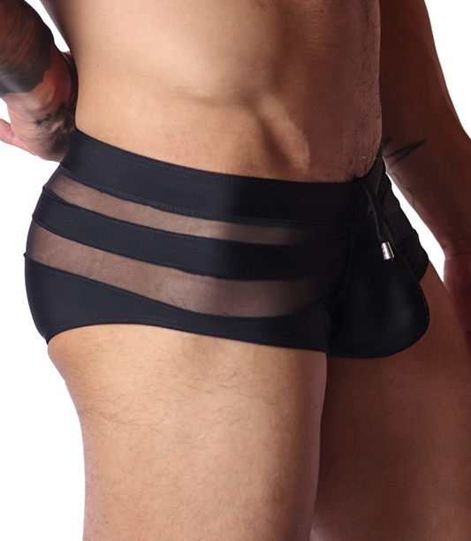 Side view of Gigo black swim brief with sheer mesh panels and solid fabric pouch.