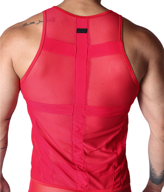 Gigo red panel tank top, back view, sheer mesh fabric with structured panel detailing and black brand label.