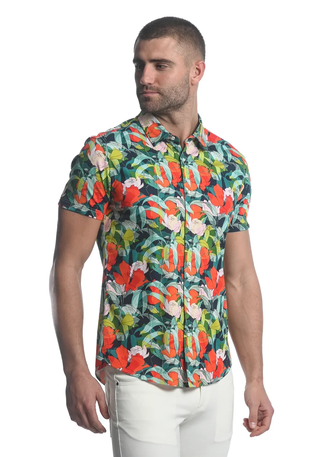 Vibrant tropical print paradise stretch knit short-sleeved shirt in bold red pink and green hues