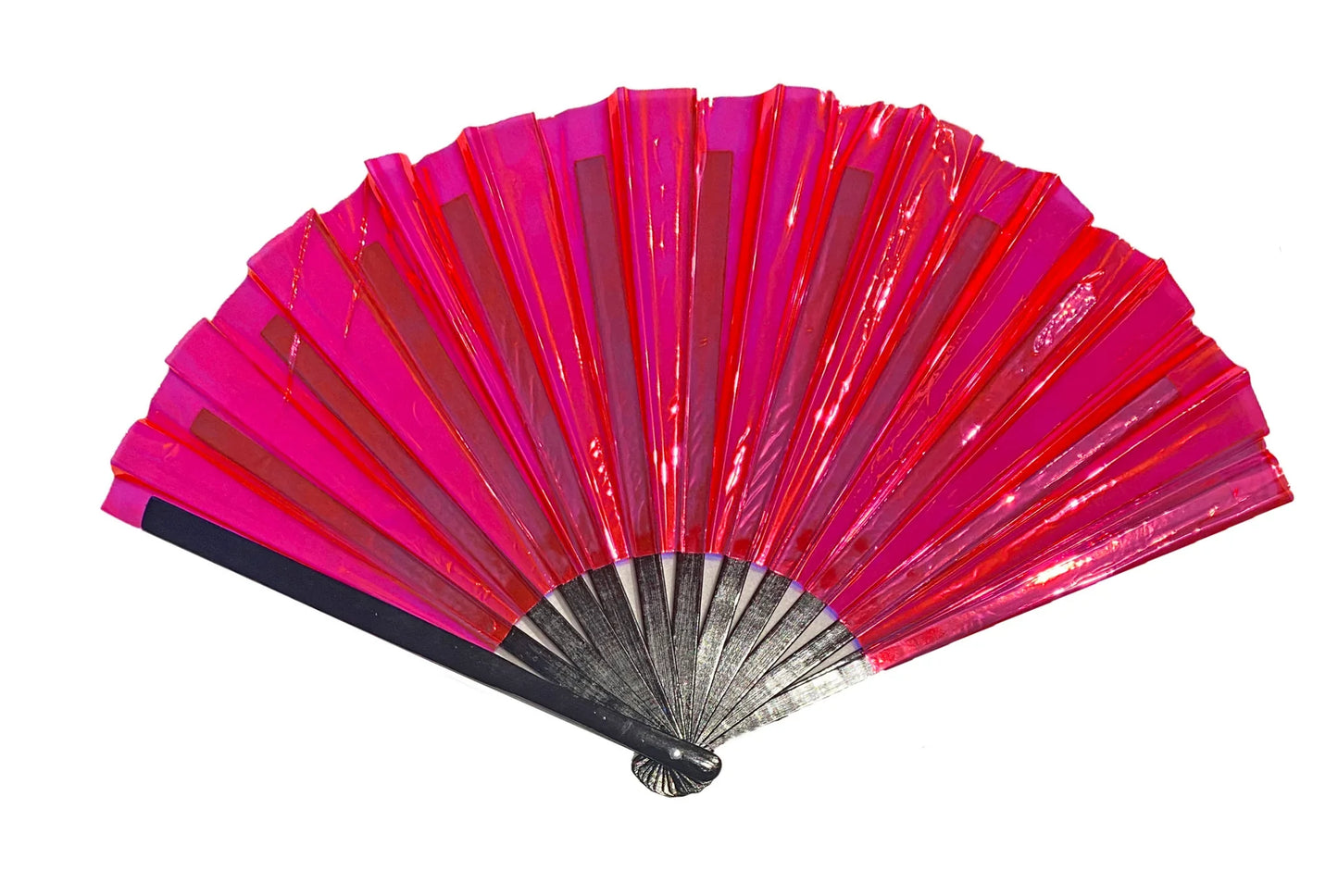 Vibrant pink translucent plastic party fan with black handle and metallic silver bone-like ribs for festive use