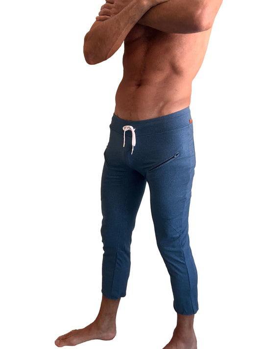 Performance premium mens coral blue heather capri yoga pants with white drawstring waistband and side pockets